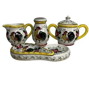 VTG Ucago Japan Rooster Roses Hand Painted Ceramic Spoon Rest Sugar Creamer Salt